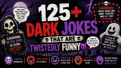 Dark 1920×1080 comedy banner featuring 125+ dark jokes, a hooded skeleton, smiling ghost, bats, tombstones, full moon, lightning, and twisted humor-themed typography.