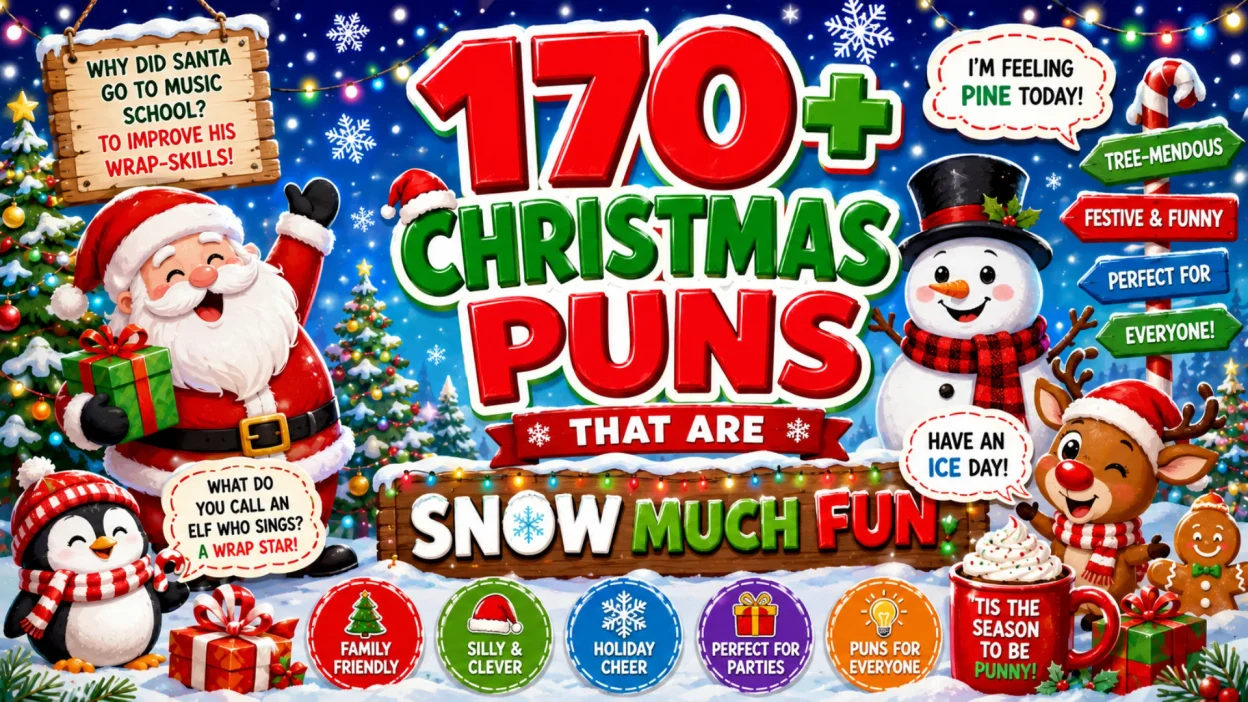 Colorful 1920×1080 Christmas banner featuring 170+ Christmas puns, Santa Claus, a snowman, penguin, reindeer, gingerbread character, Christmas trees,