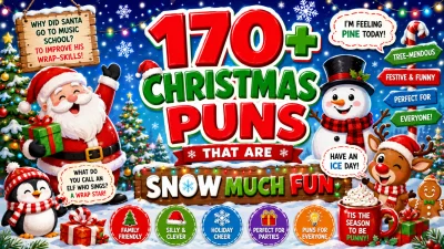 Colorful 1920×1080 Christmas banner featuring 170+ Christmas puns, Santa Claus, a snowman, penguin, reindeer, gingerbread character, Christmas trees,