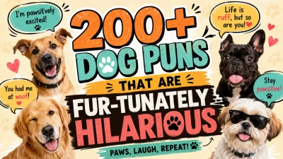 200+ funny dog puns graphic featuring playful dogs and pawsitive humor