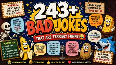Colorful comic-style graphic featuring 243+ bad jokes, funny cartoon characters, speech bubbles, a skeleton, banana, cheese, shark, and playful comedy elements.