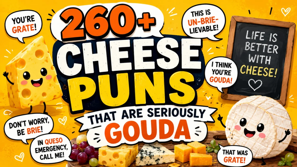 Funny cheese puns featuring a colorful cheese board and playful cheesy theme