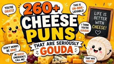 Funny cheese puns featuring a colorful cheese board and playful cheesy theme