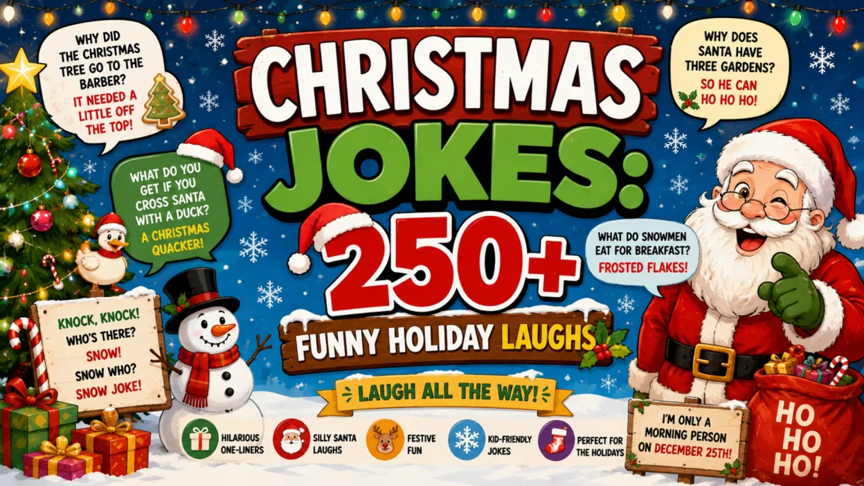 Alt Text: 250+ Christmas jokes featuring Santa, a Christmas tree, snowman, presents, and festive holiday decorations