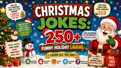 Alt Text: 250+ Christmas jokes featuring Santa, a Christmas tree, snowman, presents, and festive holiday decorations