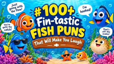 100+ fin-tastic fish puns featuring colorful fish, ocean waves, bubbles, and playful underwater humor