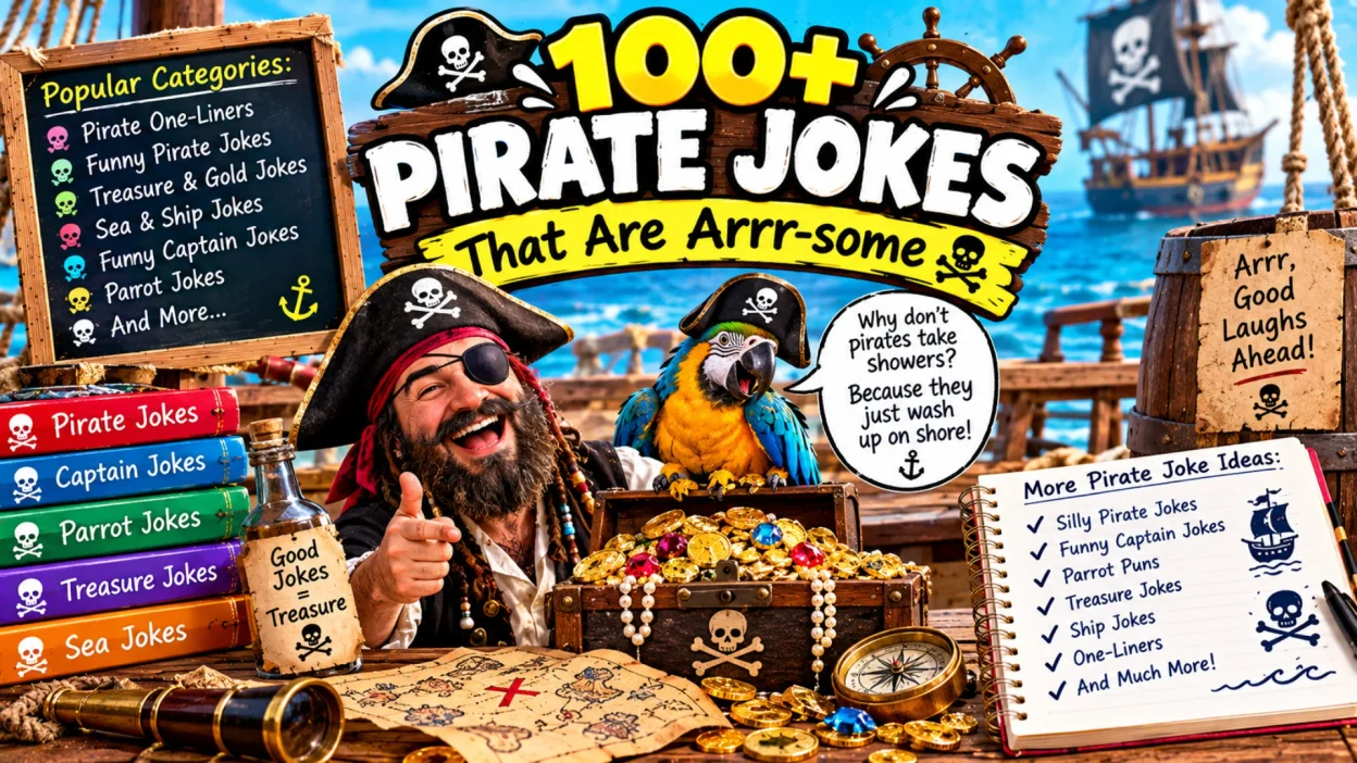 100+ pirate jokes featuring funny pirates, parrots, treasure chests, pirate ships, nautical humor, and arrr-some wordplay