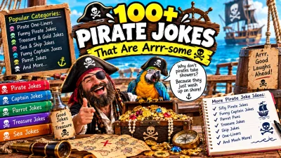 100+ pirate jokes featuring funny pirates, parrots, treasure chests, pirate ships, nautical humor, and arrr-some wordplay