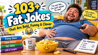 103+ fat jokes featuring a funny chubby man, playful speech bubbles, snacks, and bold comedy-themed visuals