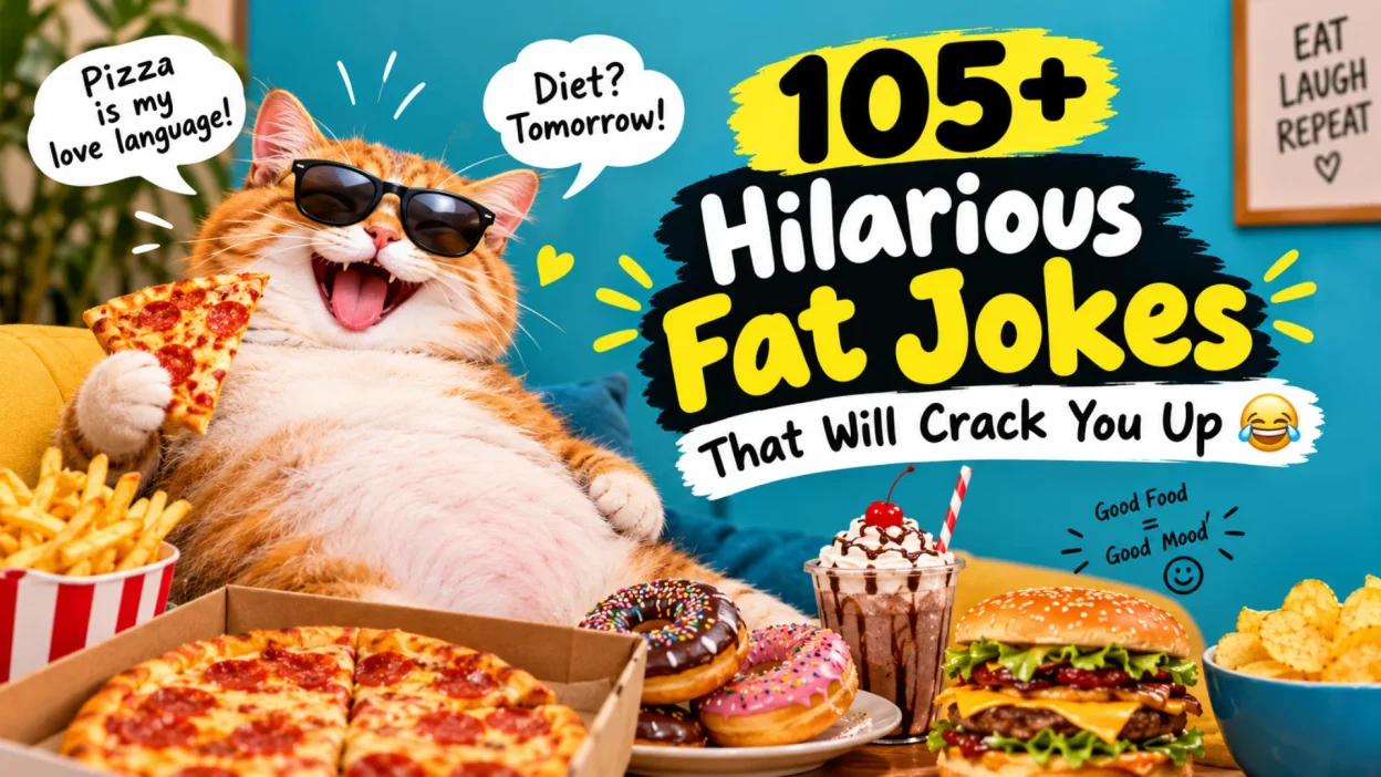 105+ hilarious fat jokes featuring funny cartoon characters, playful comedy signs, and lighthearted humor