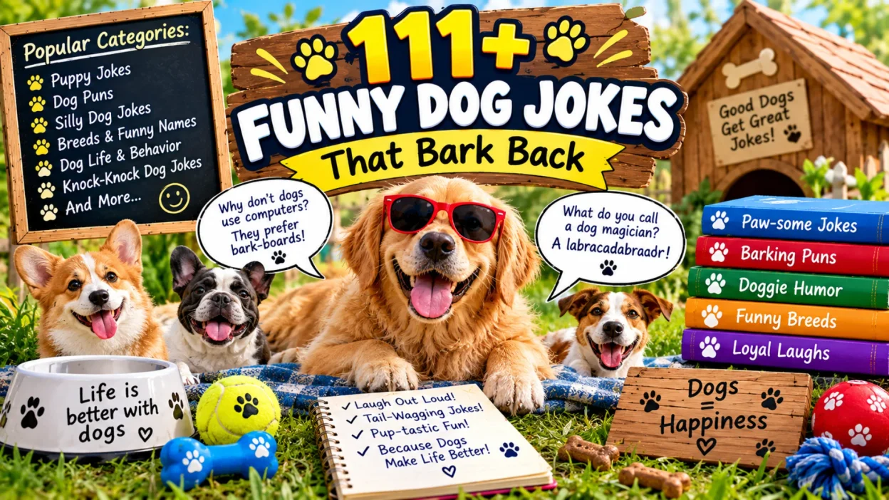 111+ funny dog jokes featuring playful dogs, puppies, dog puns, paw prints, and hilarious barking humor