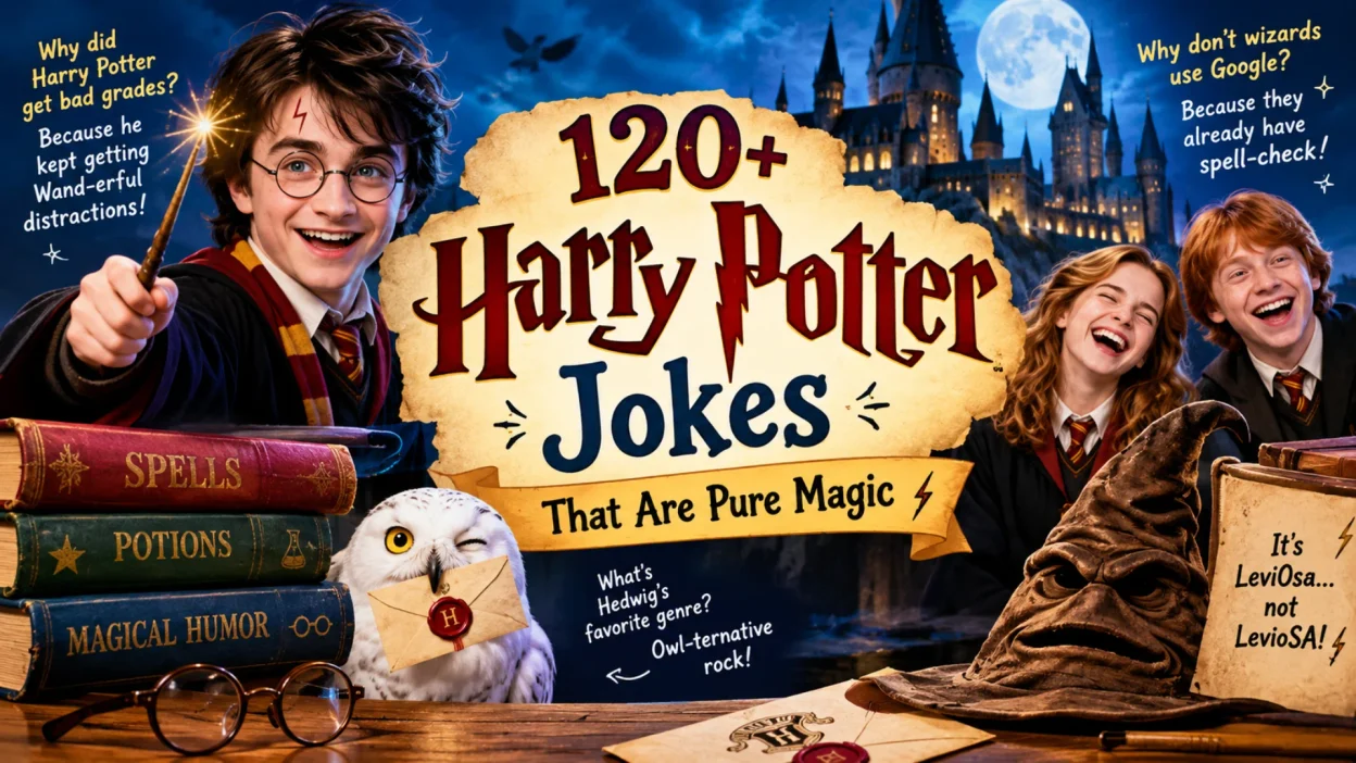 Magical wizard-themed graphic featuring spell books, wands, stars, potion bottles, floating candles, and funny Harry Potter jokes.