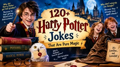 Magical wizard-themed graphic featuring spell books, wands, stars, potion bottles, floating candles, and funny Harry Potter jokes.