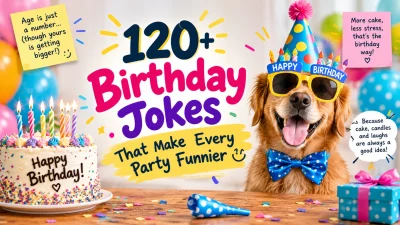 120+ birthday jokes featuring colorful birthday cakes, balloons, party decorations, gifts, candles, and funny celebration humor