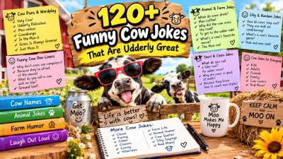 120+ funny cow jokes featuring playful cows, farm humor, moo puns, silly one-liners, and udderly hilarious wordplay