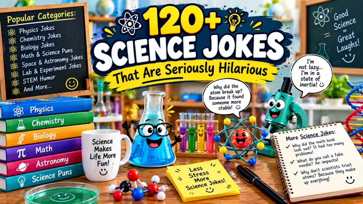 120+ science jokes featuring funny lab characters, chemistry, physics, biology, math, astronomy, and STEM humor