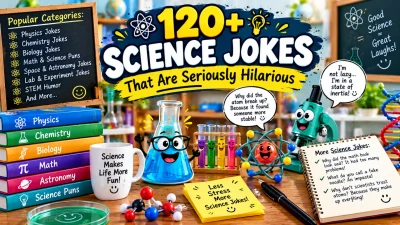 120+ science jokes featuring funny lab characters, chemistry, physics, biology, math, astronomy, and STEM humor