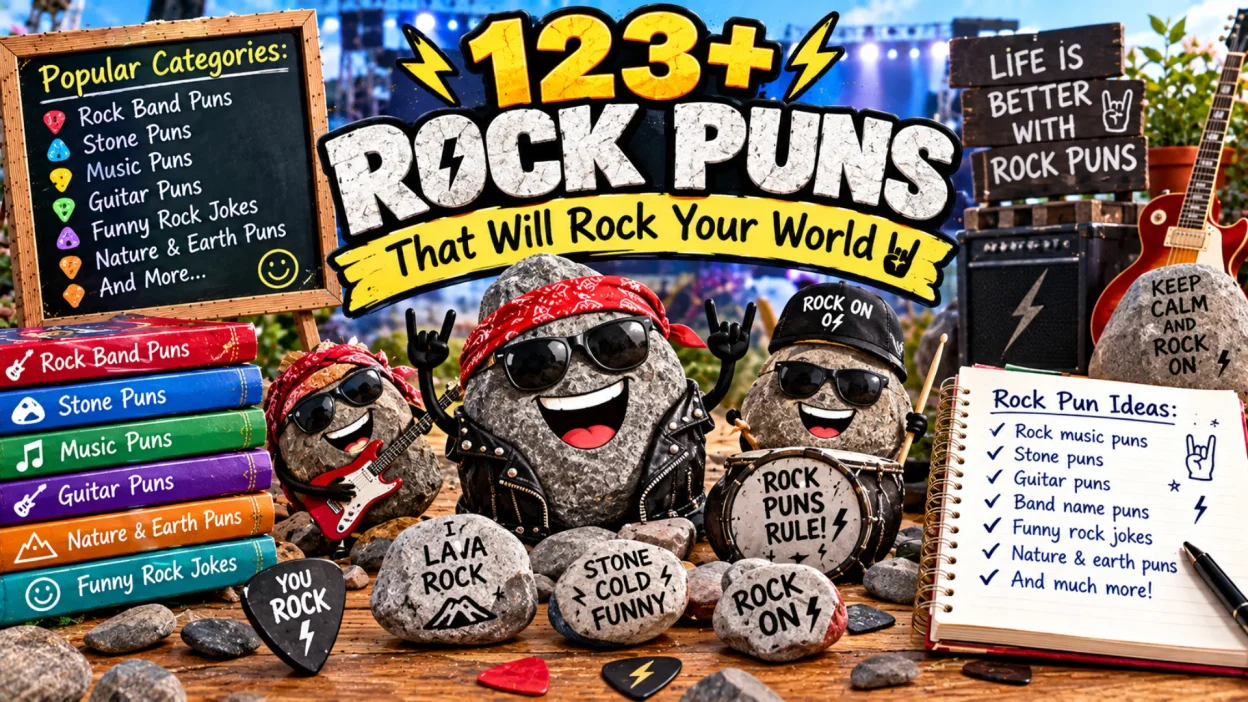 123+ rock puns featuring funny rock characters, guitars, drums, stone jokes, music humor, and playful rock wordplay