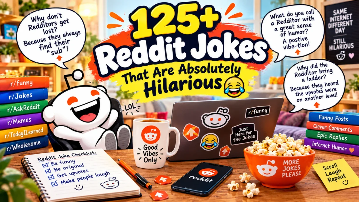 125+ Reddit jokes featuring funny Reddit characters, upvote arrows, a laptop, popcorn, and playful internet humor