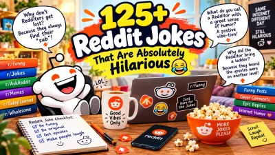 125+ Reddit jokes featuring funny Reddit characters, upvote arrows, a laptop, popcorn, and playful internet humor