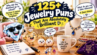 125+ jewelry puns featuring sparkling diamonds, rings, pearl earrings, bracelets, and playful jewelry humor