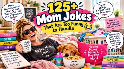 125+ mom jokes featuring a funny mom, laughing dog, coffee mug, snacks, laundry, and playful family humor