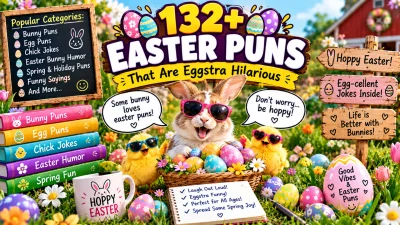 132+ Easter puns featuring funny Easter bunnies, colorful eggs, chicks, spring flowers, and eggstra hilarious wordplay