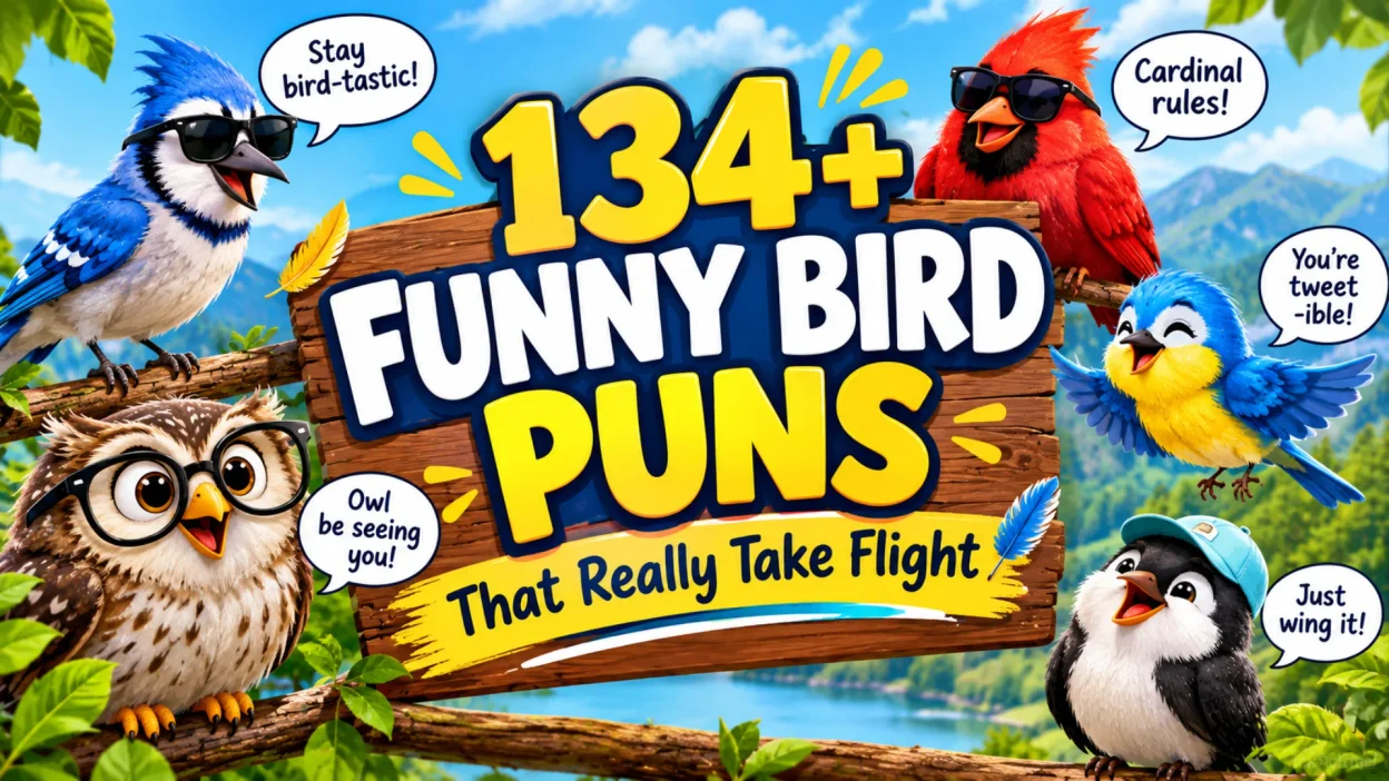 134+ funny bird puns featuring colorful cartoon birds with playful speech bubbles and bold text
