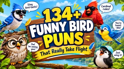 134+ funny bird puns featuring colorful cartoon birds with playful speech bubbles and bold text