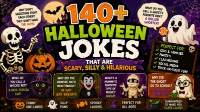 140+ Halloween jokes featuring funny ghosts, skeletons, pumpkins, witches, vampires, and spooky holiday humor