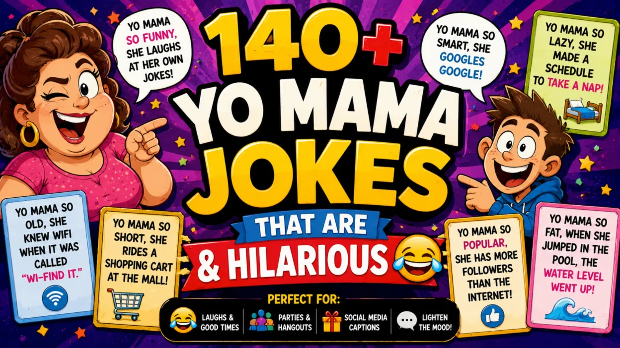 140+ funny Yo Mama jokes featuring colorful comic characters, playful speech bubbles, and hilarious joke cards