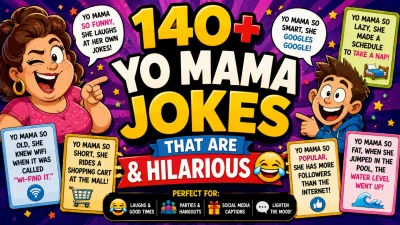 140+ funny Yo Mama jokes featuring colorful comic characters, playful speech bubbles, and hilarious joke cards