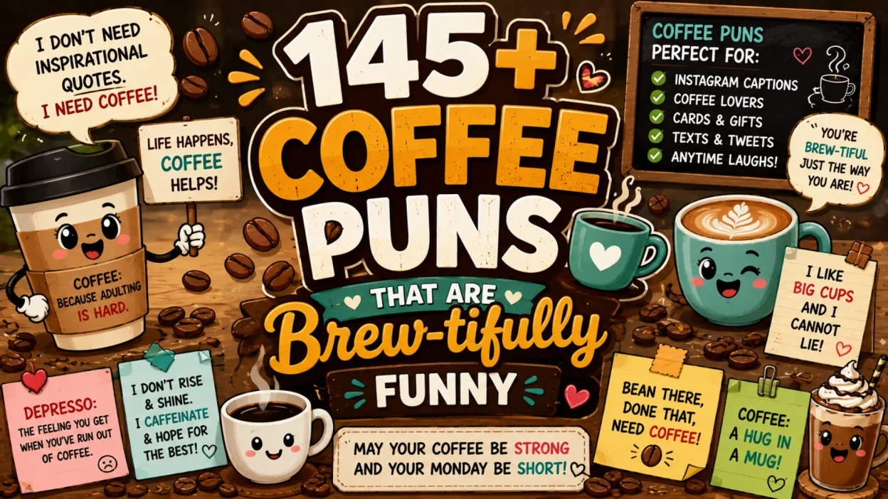 145+ coffee puns featuring cute coffee cups, coffee beans, lattes, and brew-tifully funny wordplay