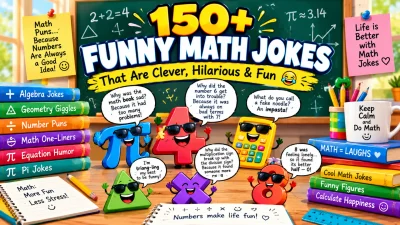 150+ funny math jokes featuring colorful numbers, calculators, equations, geometry, pi, and clever math humor