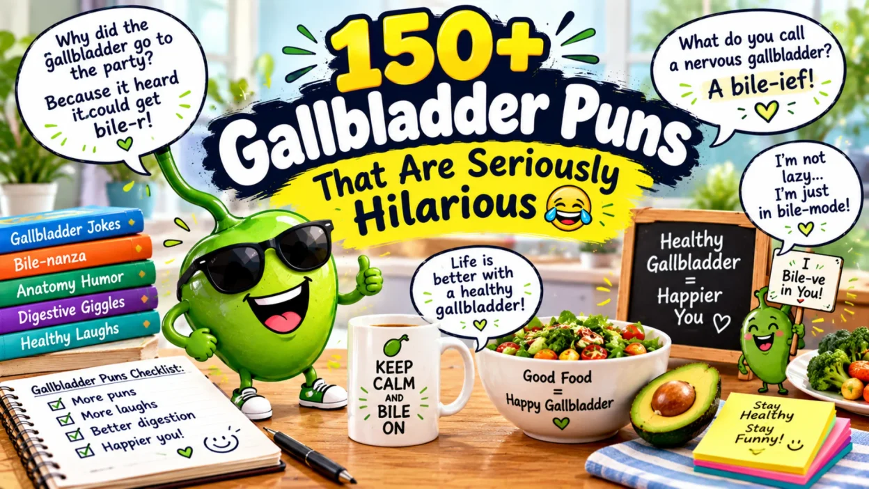 150+ gallbladder puns featuring a funny gallbladder character, healthy foods, playful speech bubbles, and medical humor