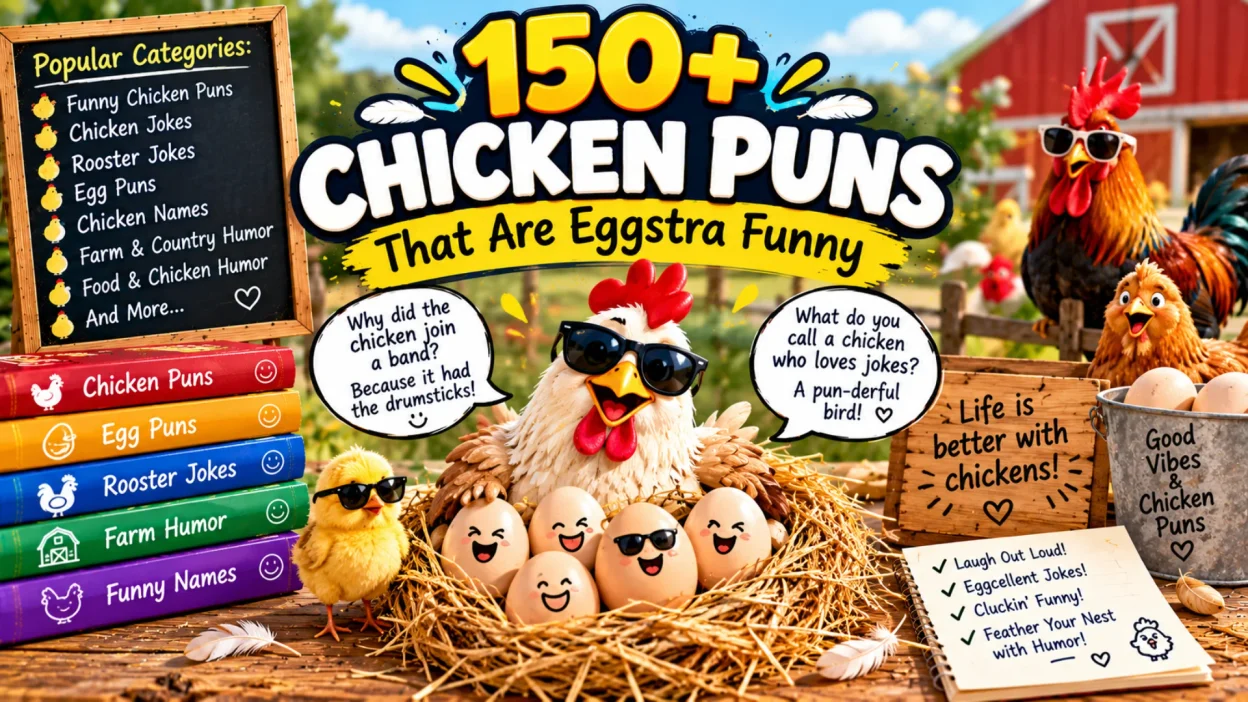 150+ chicken puns featuring funny chickens, roosters, eggs, chicks, farm humor, and eggstra funny wordplay