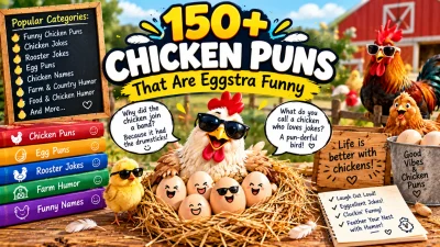 150+ chicken puns featuring funny chickens, roosters, eggs, chicks, farm humor, and eggstra funny wordplay