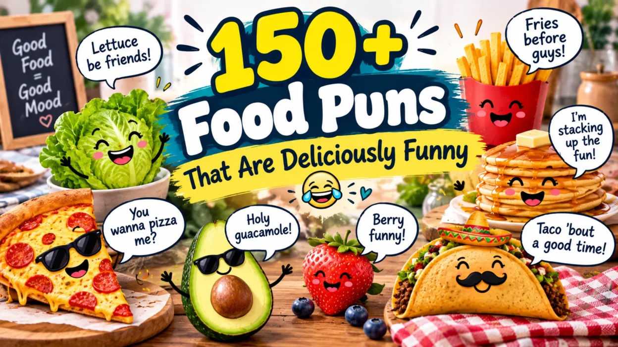 150+ food puns featuring funny pizza, tacos, avocado, strawberries, fries, pancakes, and playful food characters