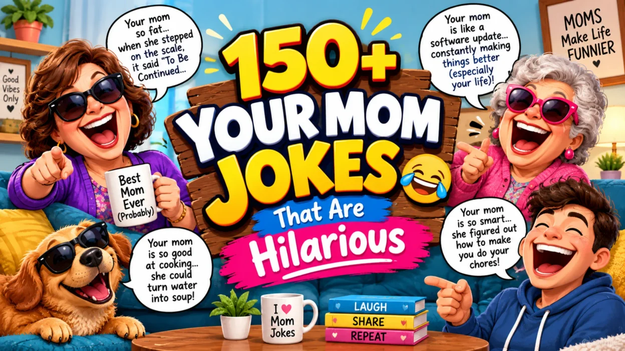 150+ Your Mom Jokes featuring laughing cartoon moms, a playful family scene, and bold humorous text
