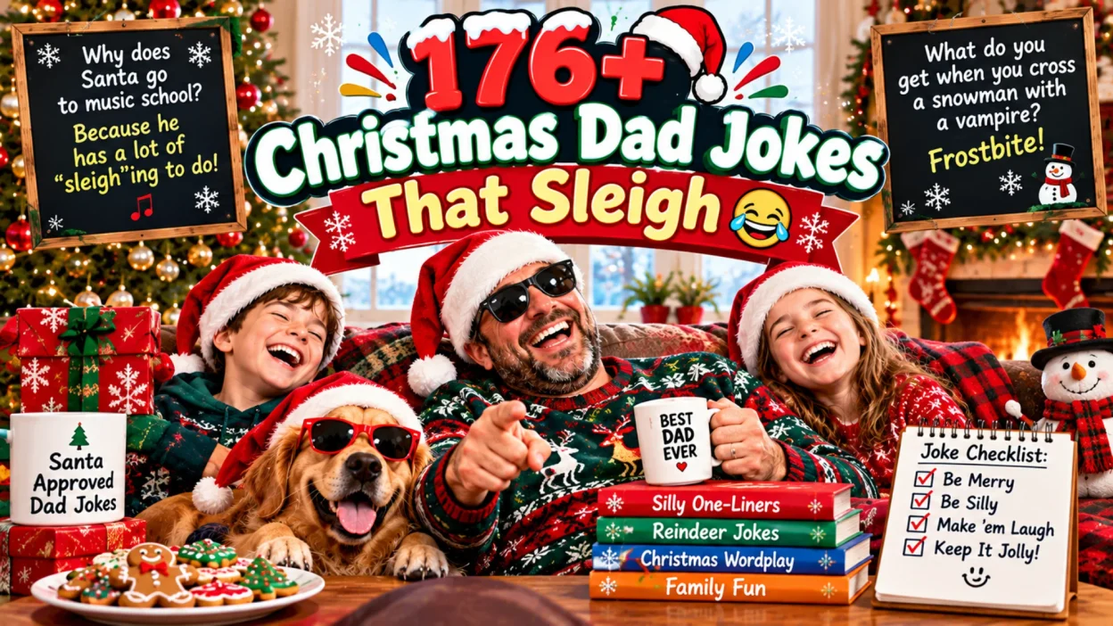 176+ Christmas dad jokes featuring a funny dad, kids, Santa hats, Christmas tree, presents, and holiday humor