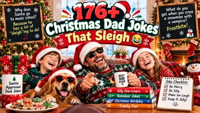 176+ Christmas dad jokes featuring a funny dad, kids, Santa hats, Christmas tree, presents, and holiday humor
