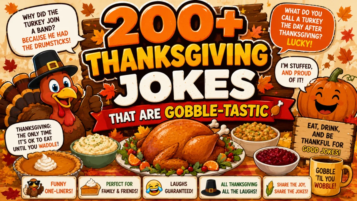 Colorful Thanksgiving jokes graphic featuring a cheerful turkey, pumpkin, roasted turkey dinner, pie, autumn leaves, and funny speech bubbles.