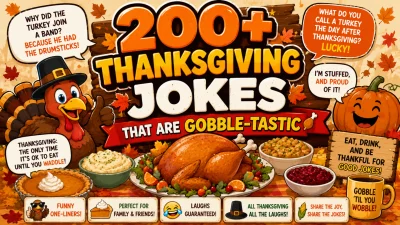 Colorful Thanksgiving jokes graphic featuring a cheerful turkey, pumpkin, roasted turkey dinner, pie, autumn leaves, and funny speech bubbles.