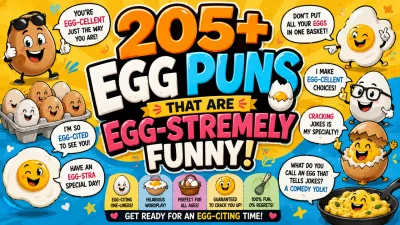 Colorful egg puns graphic featuring smiling eggs, fried eggs, an egg carton, cracked eggs, a skillet, and funny speech bubbles.