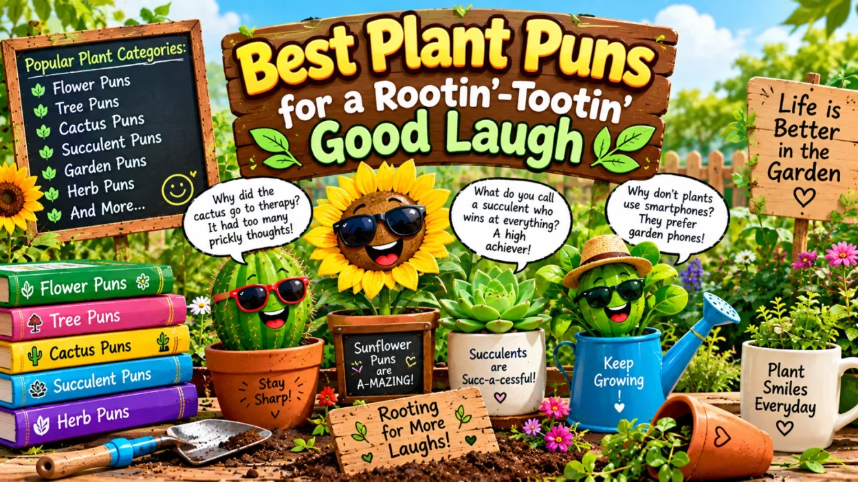 Best plant puns featuring funny cactus, sunflower, succulent, garden plants, and clever rootin’-tootin’ wordplay