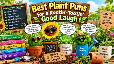Best plant puns featuring funny cactus, sunflower, succulent, garden plants, and clever rootin’-tootin’ wordplay