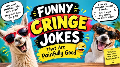 Funny cringe jokes graphic featuring a laughing llama and dog wearing sunglasses with playful joke illustrations.