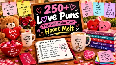 250+ love puns featuring cute heart characters, roses, a teddy bear, romantic books, coffee, chocolates, and playful love humor