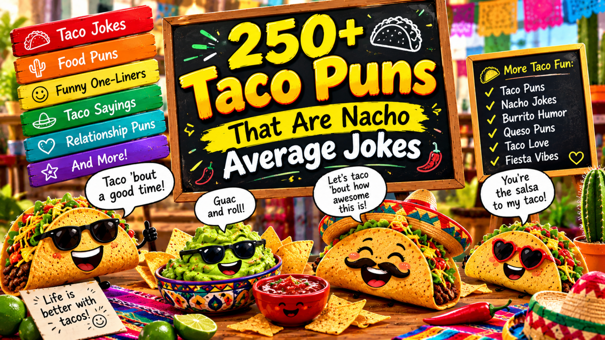 250+ taco puns featuring smiling cartoon tacos wearing sunglasses, a cheerful guacamole bowl, salsa, tortilla chips, colorful Mexican decorations, and funny taco-themed speech bubbles.
