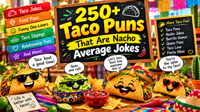 250+ taco puns featuring smiling cartoon tacos wearing sunglasses, a cheerful guacamole bowl, salsa, tortilla chips, colorful Mexican decorations, and funny taco-themed speech bubbles.